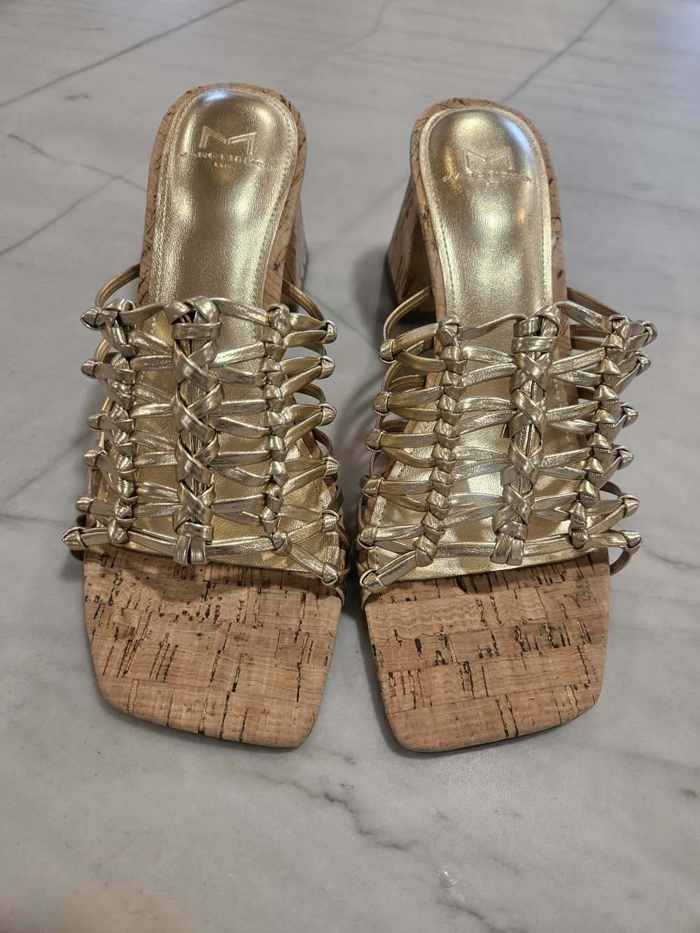 Marc Fisher LTD Colica Gold Leather Knotted Cork Mules Block Heel